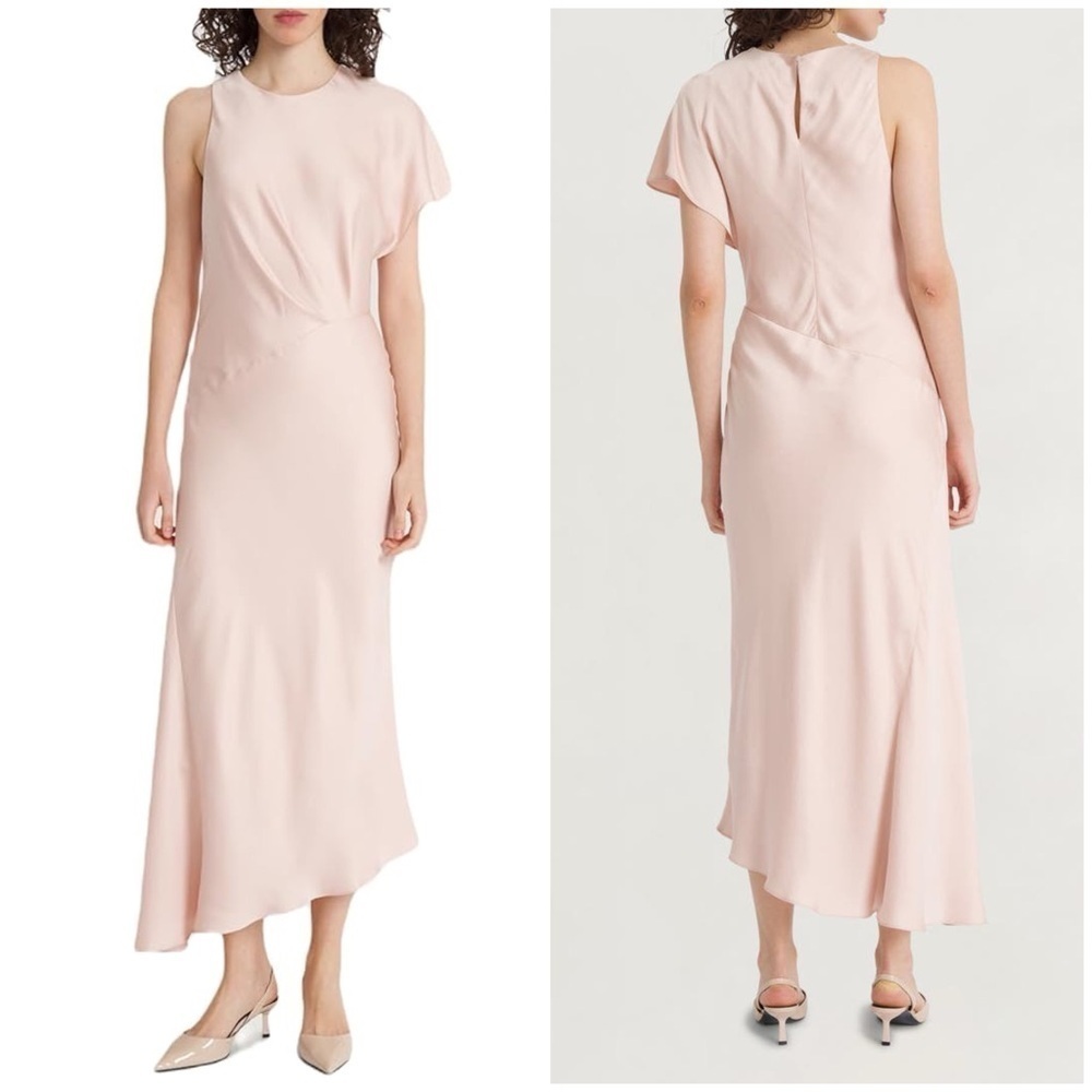 NWT Luxely Asymmetric Satin Maxi Dress Ruffle Sleeve Gathered Waist Blush Sz 8
